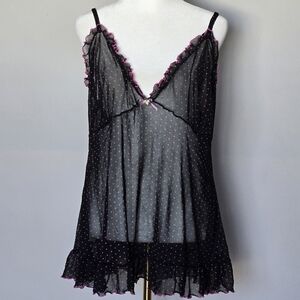 Y2K 90s Vintage Rampage Babydoll Sheer Mesh Polka-Dot Black Lace Cami Top